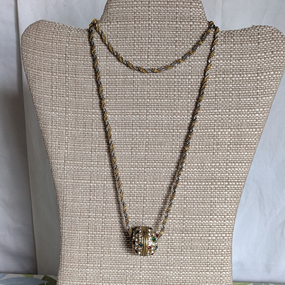 Vintage Jewel Encrusted Ball Charm On Two-tone Twisted Rope Chain